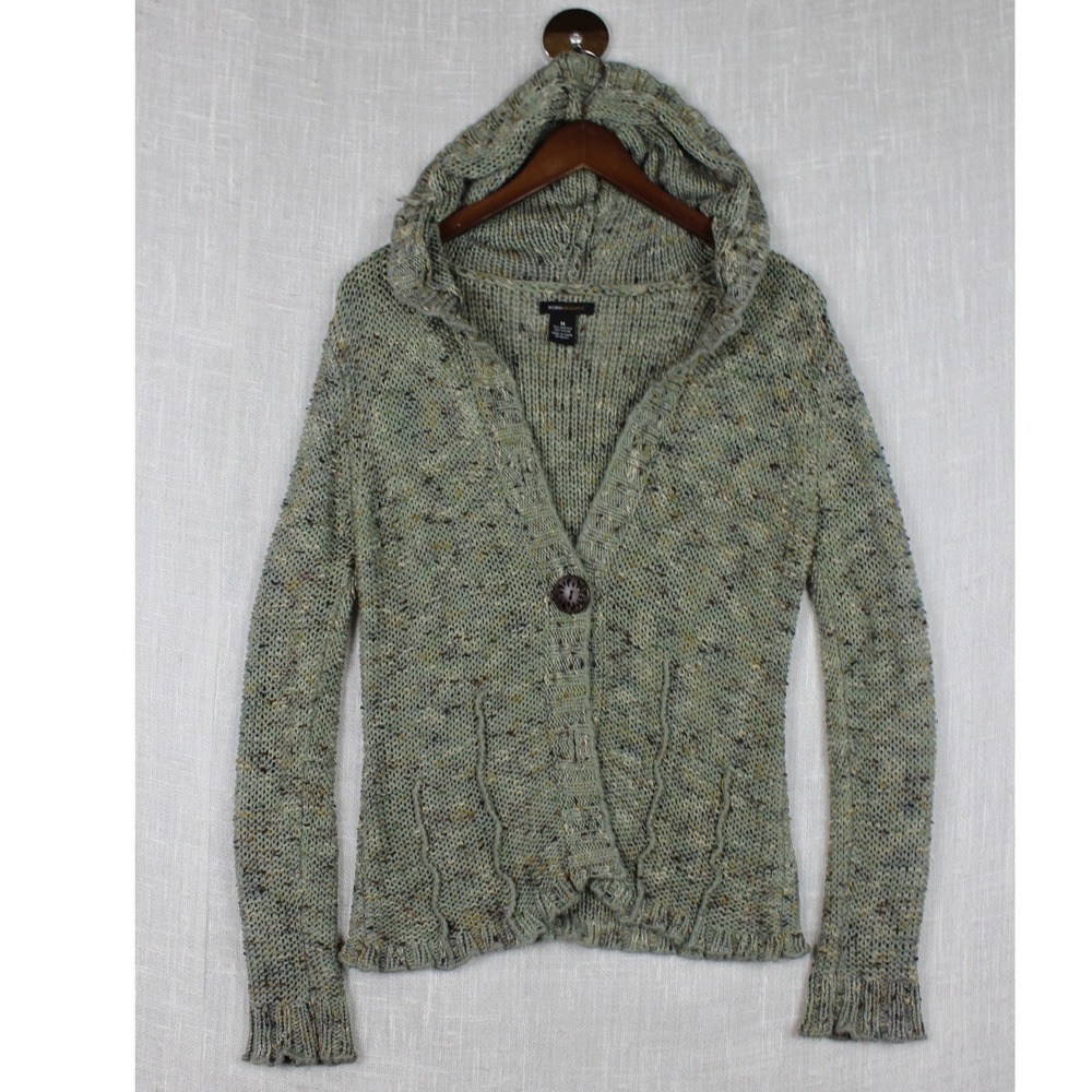 Y2K BCBGMAXAZRIA Green Marled Knit Hooded Cardigan Sweater Medium Boho Button